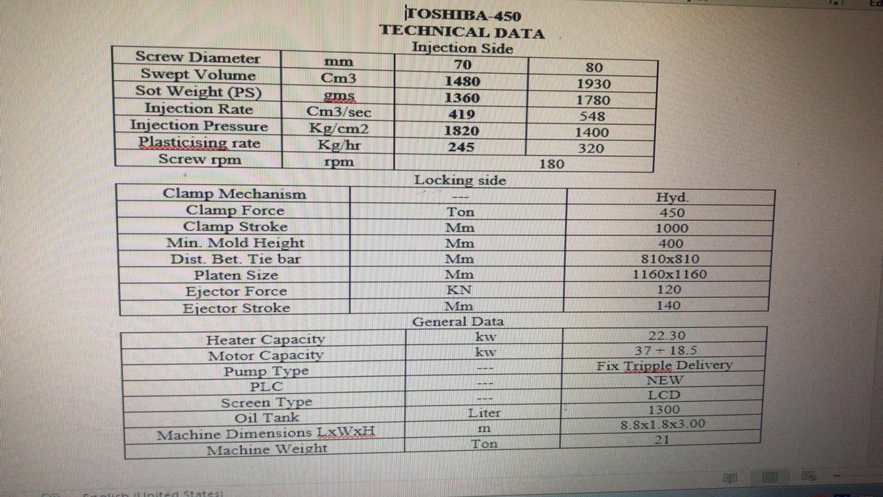 Used Toshiba Injection Moulding Machine  450